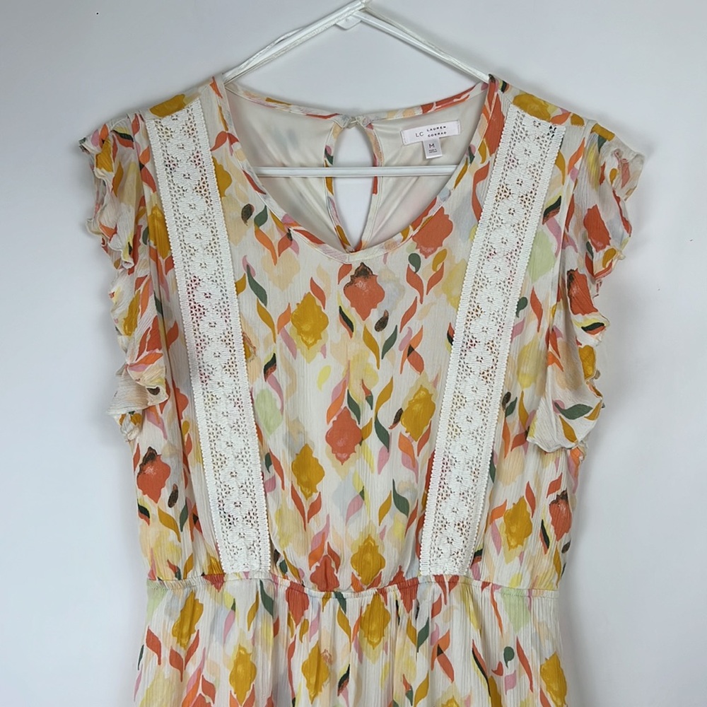 LAUREN CONRAD Baja Bazaar Crinkle Rayon Lace Tier Lined Floral Dress M - Picture 2 of 12